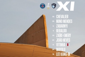 巴黎vs勒阿弗尔首发：努诺·门德斯、若昂·内维斯、维蒂尼亚出战